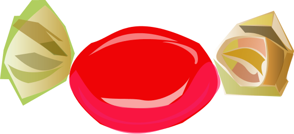 A glossy red hard candy with twisted green-and-yellow wrappers on either side, isolated on black background.