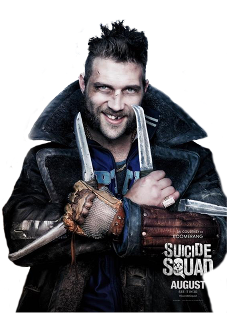 Jay Courtney as Boomerang in Suicide Squad, wielding dual blades with a rugged leather coat and smirk.