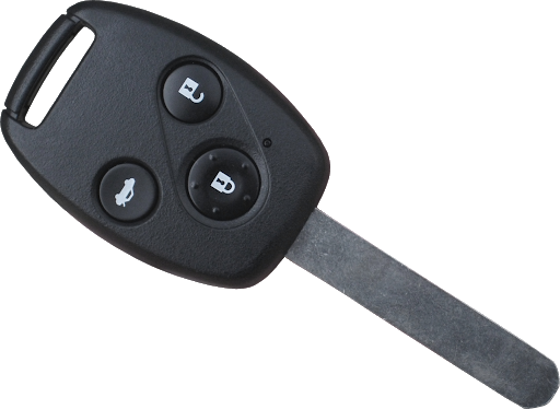 Black Honda key fob with lock, unlock, and trunk release buttons and metal key blade.