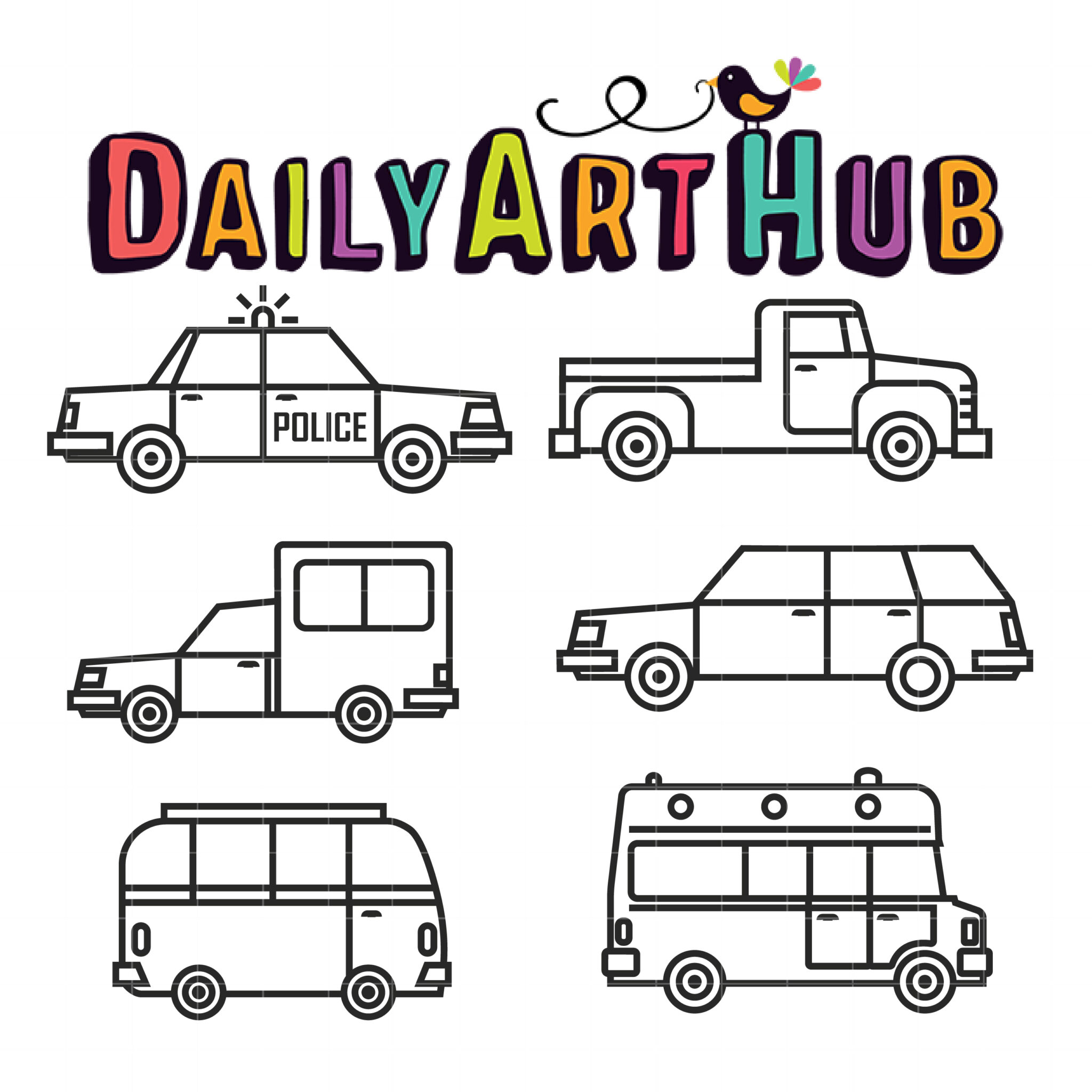 Colorful "Daily Art Hub" logo with bird and six black-and-white vehicle line art illustrations: police car, pickup truck, van, station wagon, minibus, and RV.