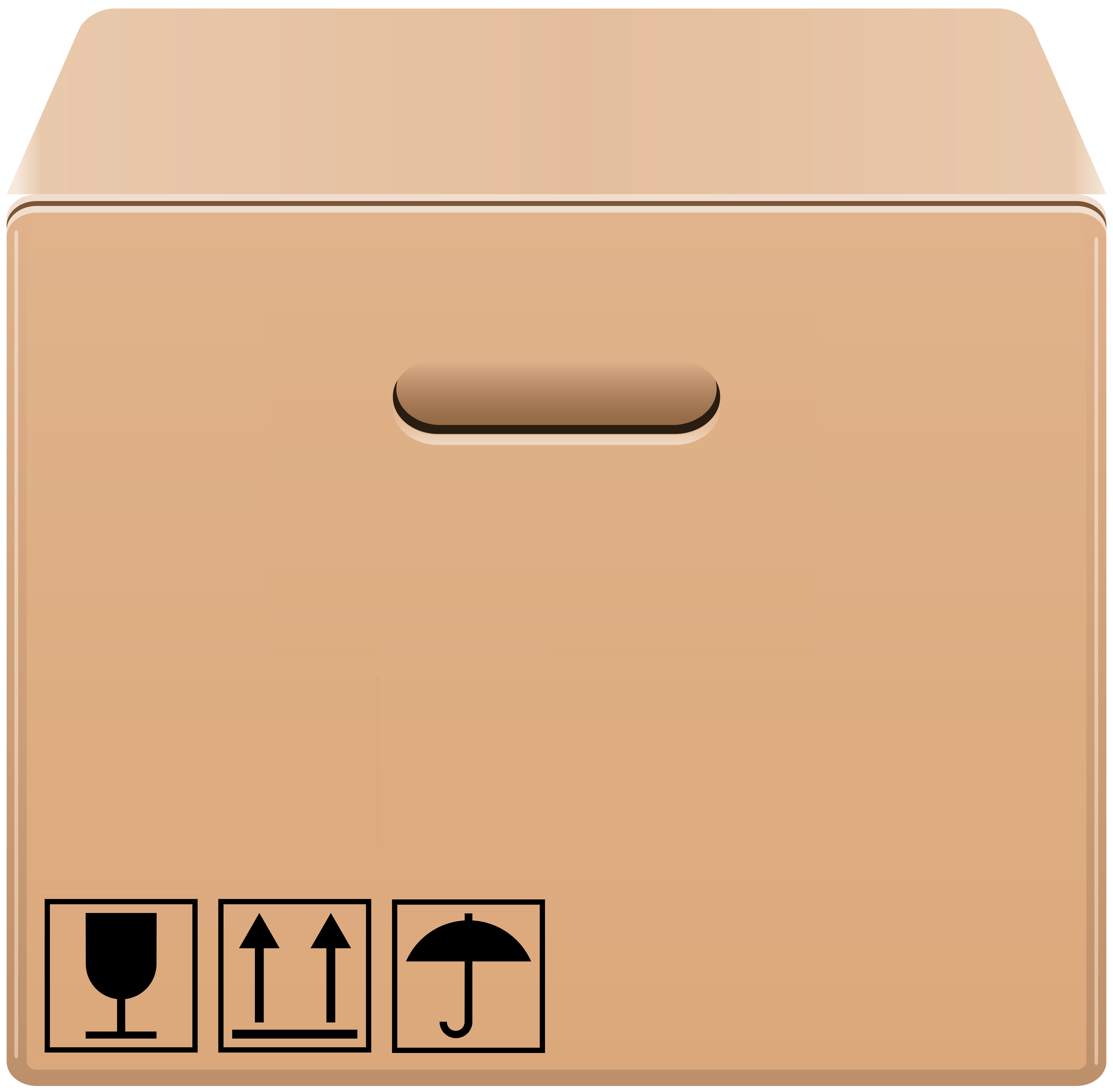 Brown cardboard shipping box with handle and handling icons: fragile, this side up, keep dry.
