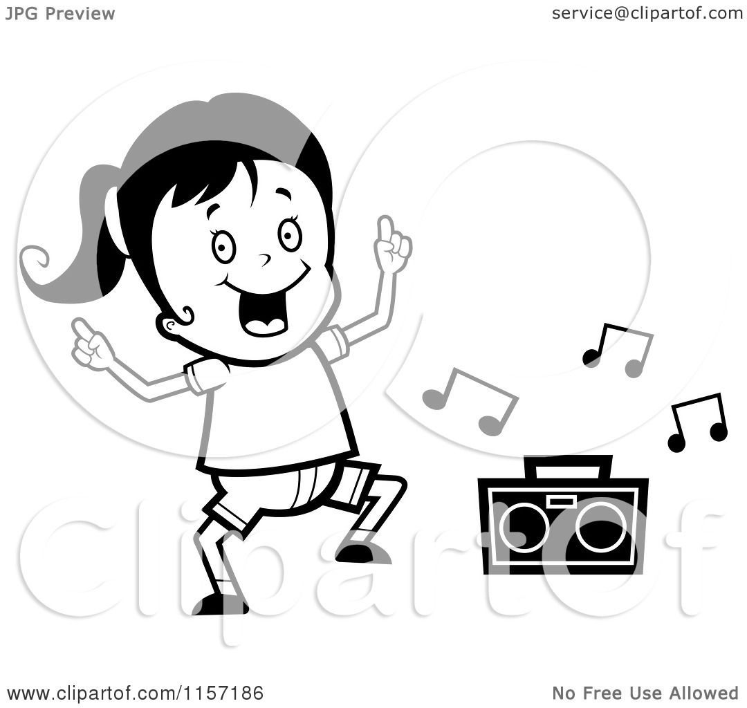 Happy cartoon girl dancing joyfully next to a boombox with musical notes floating around.