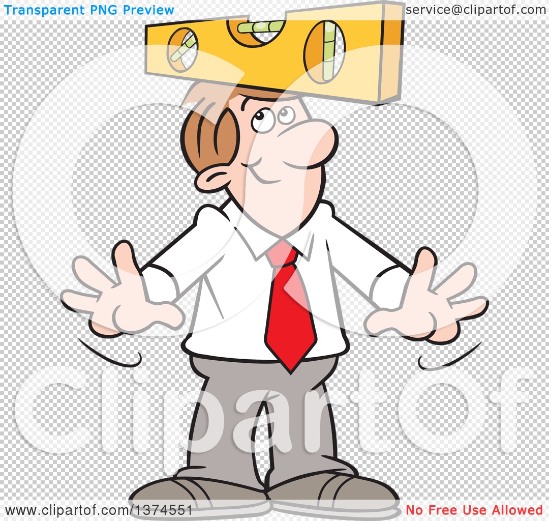 Cartoon businessman balancing a yellow spirit level on his head, smiling with open hands.