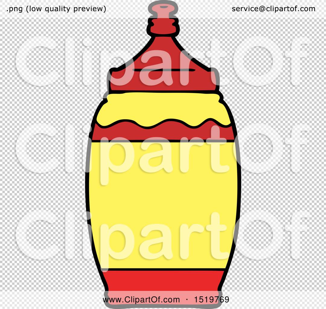 Cartoon-style mustard bottle with red cap and yellow contents, wavy red layer inside, on transparent background.