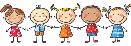 Five diverse cartoon children holding hands, smiling, in colorful clothes.