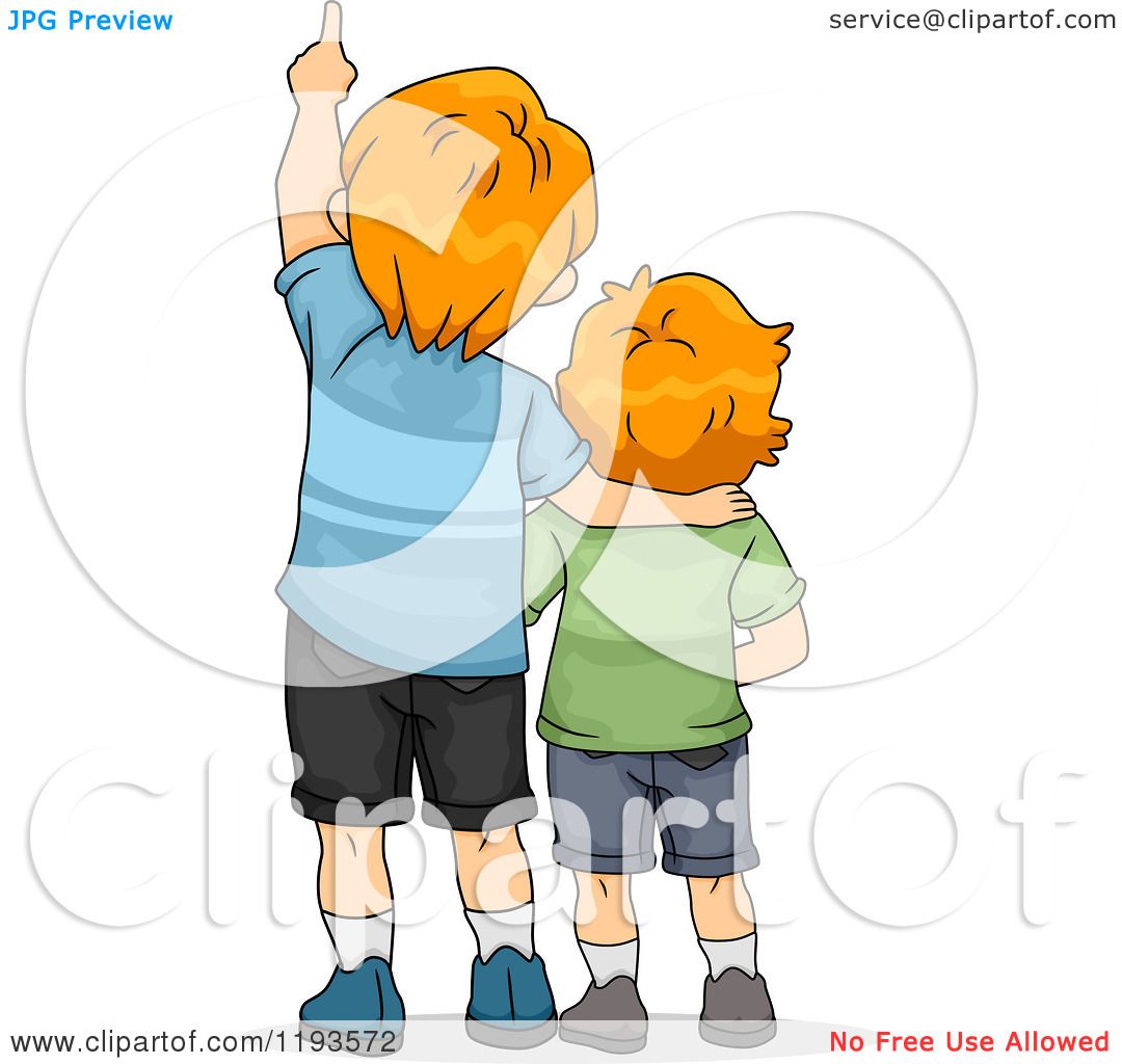 Two boys with orange hair stand back-to-back; one points upward while the other looks up, smiling warmly.
