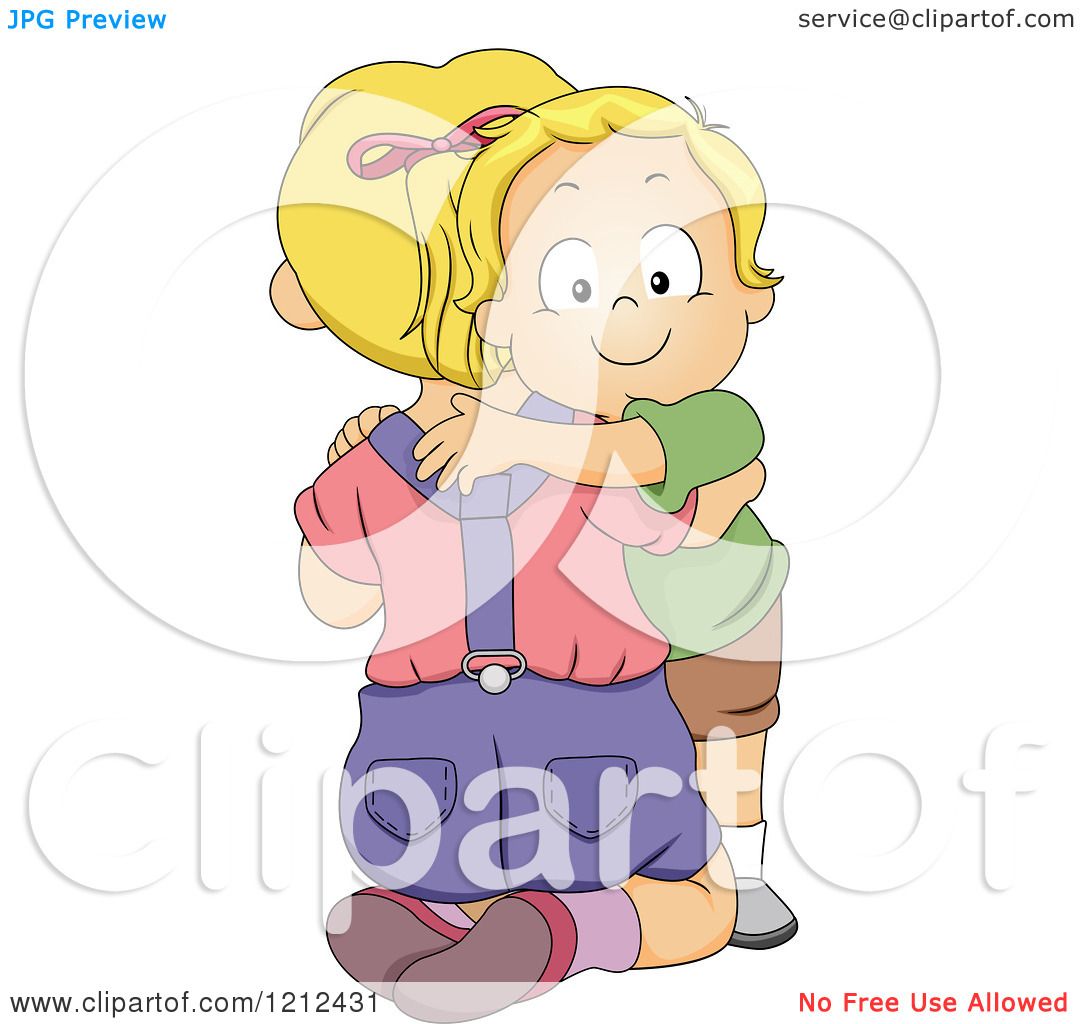 Two smiling cartoon children hugging warmly, one with blonde hair and pink bow, the other in green shirt and brown shorts.