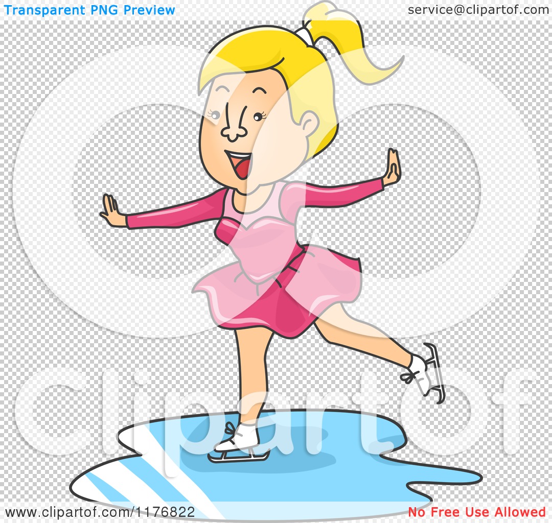 Cheerful blonde girl in pink dress ice skating on a small puddle, cartoon style.