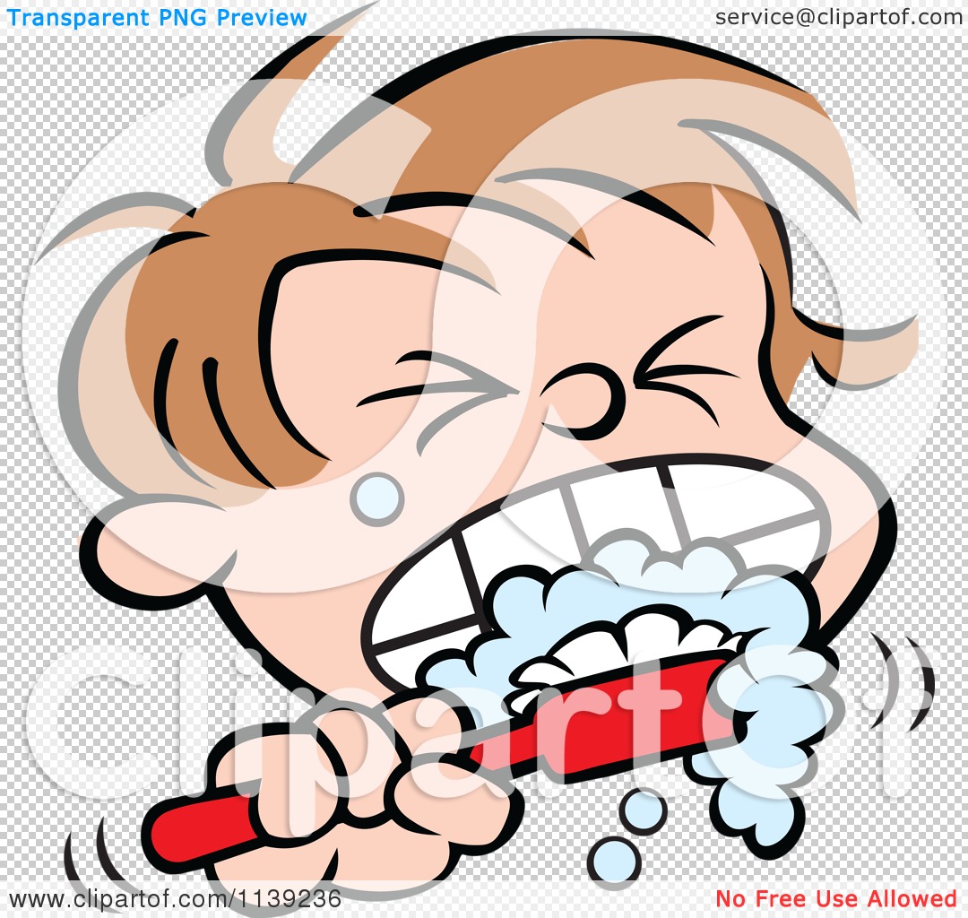 Cartoon boy enthusiastically brushing teeth with foamy red toothbrush, eyes closed in effort.