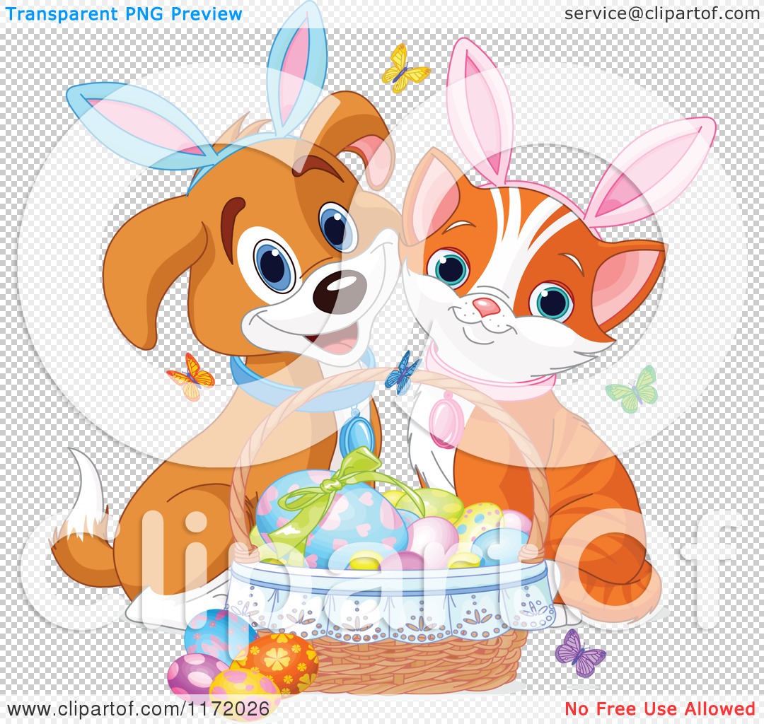 Cute cartoon puppy and kitten wearing bunny ears, sharing a basket of colorful Easter eggs with butterflies fluttering around.
