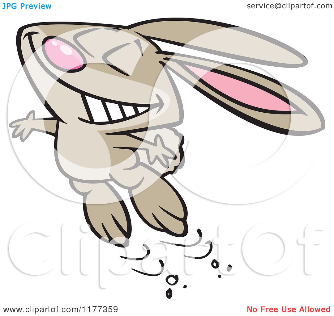Cartoon rabbit with wide grin, pink eyes, and long ears leaping joyfully with motion lines and dust puffs.