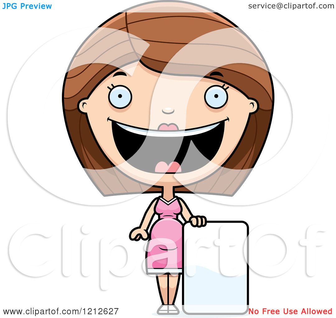 Cartoon pregnant woman in pink dress smiling while holding a blank sign.