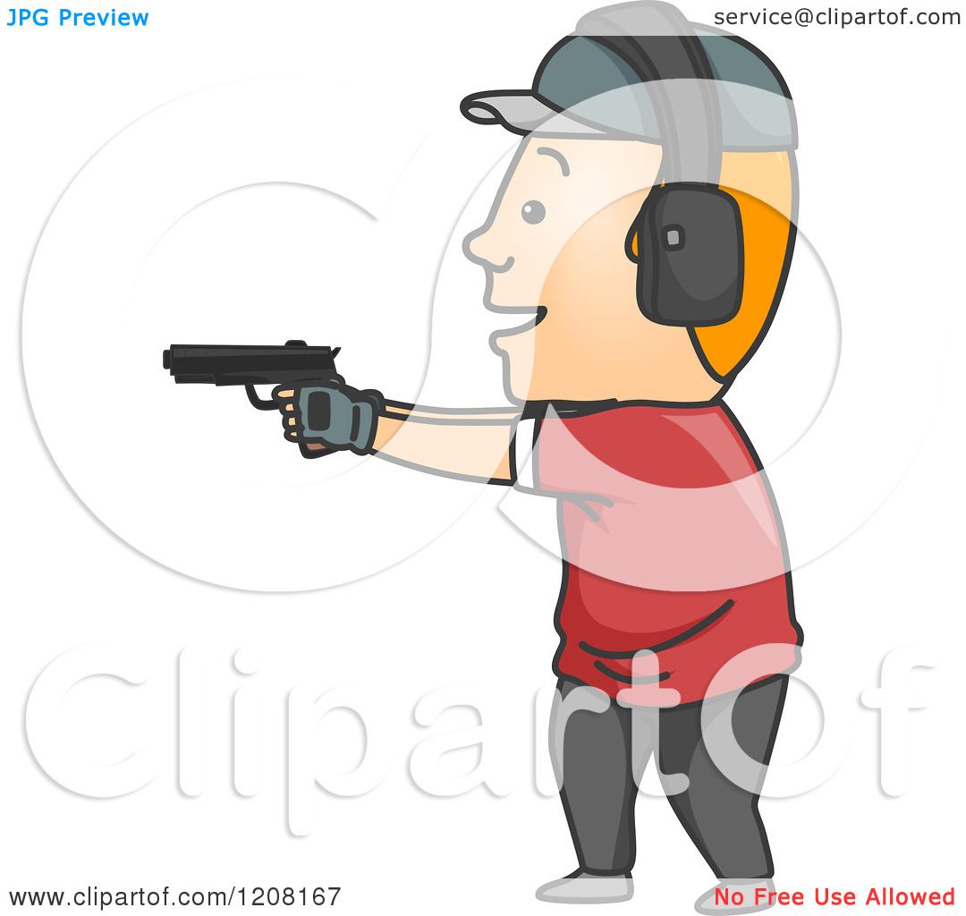 Cartoon man in red shirt and cap aiming a handgun with ear protection at a shooting range.