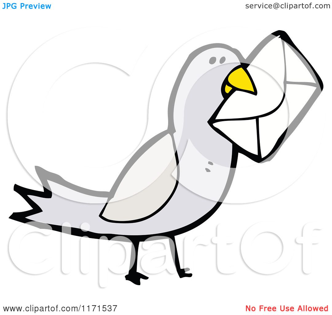Cartoon pigeon delivering a white envelope with yellow beak and gray feathers.