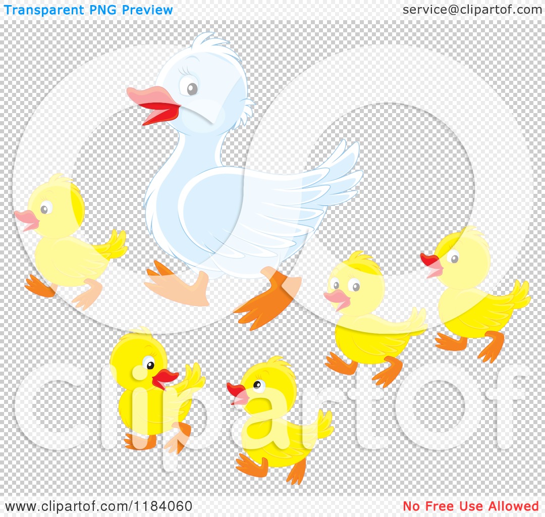A light blue mother duck leading five cheerful yellow ducklings in a playful march.