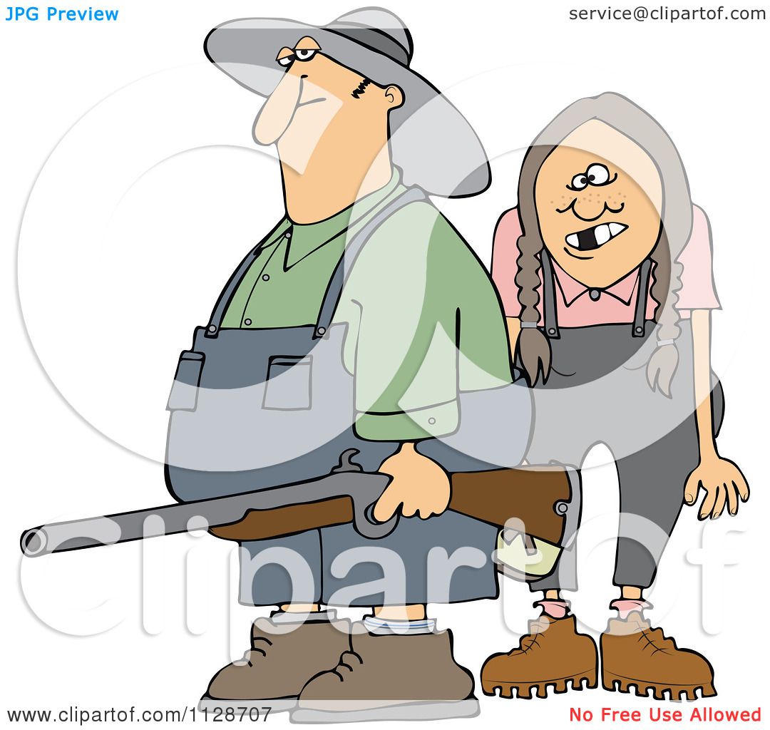 Cartoon of a man and woman in overalls holding a rifle, both wearing wide-brimmed hats and boots.