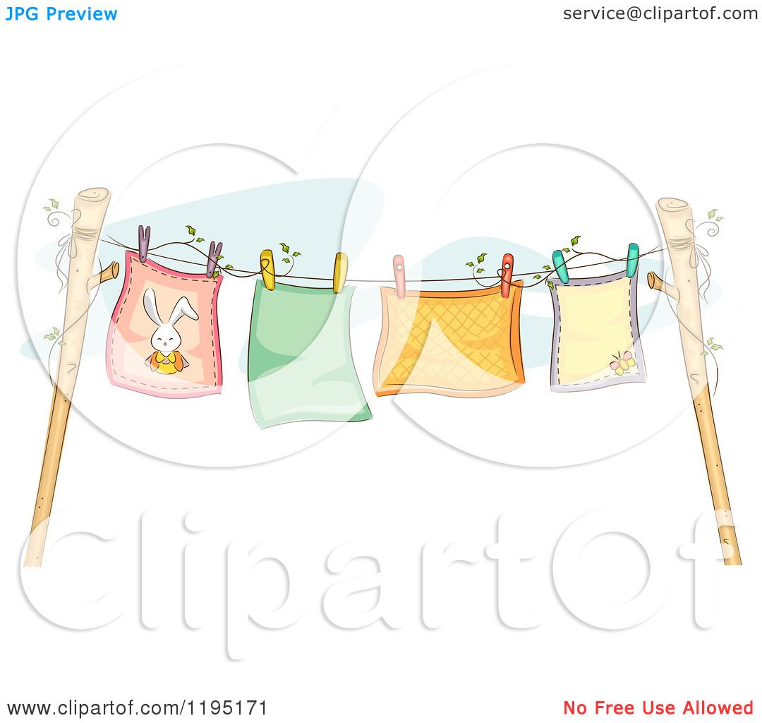 Four colorful fabric squares with Easter motifs-bunny, butterfly-hang on a clothesline between wooden posts with vines.