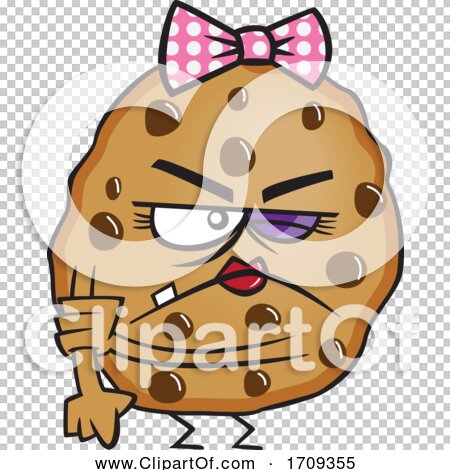 Angry cartoon chocolate chip cookie with pink bow, crossed arms, and sassy expression.