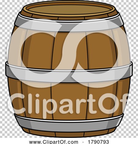 Cartoon-style wooden barrel with metal hoops, transparent background.