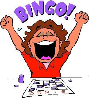 Joyful cartoon woman celebrating a BINGO win with arms raised and game card on table.