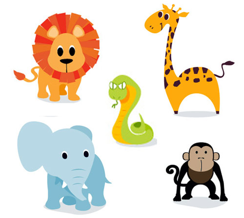 Cartoon illustrations of a lion, giraffe, snake, elephant, and monkey on white background.