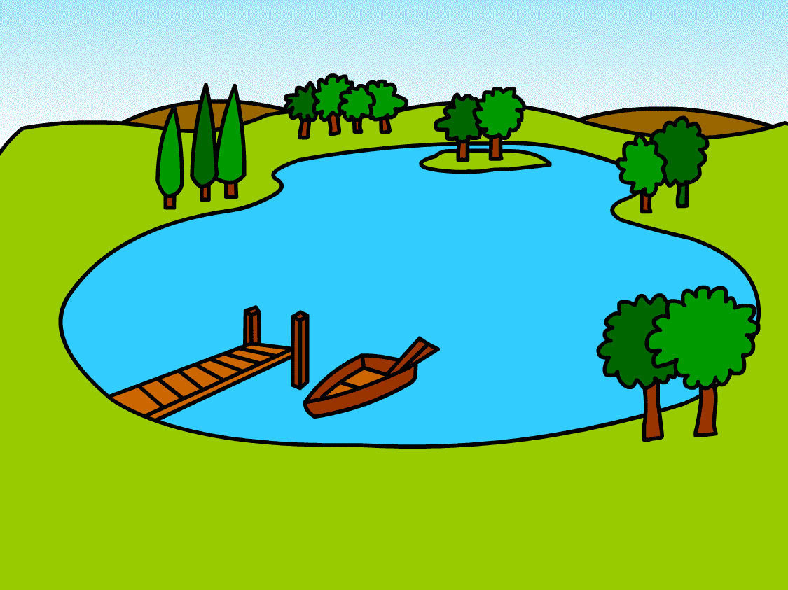 A serene cartoon-style lake surrounded by green hills, trees, a wooden dock, and a small rowboat.
