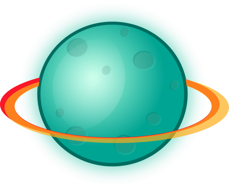 A stylized teal planet with crater-like spots and a vibrant orange-red ring system, set against a black background.