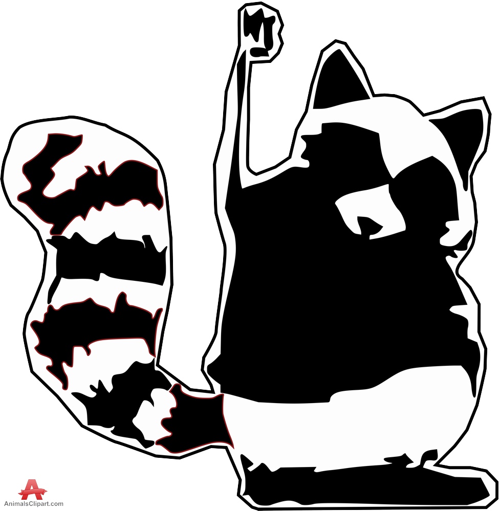 Black-and-white stylized raccoon raising a fist, with striped tail in red-outlined silhouette.