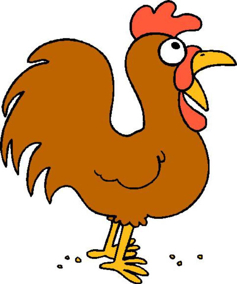 Cartoon brown rooster with red comb and wattle, yellow beak open as if crowing, standing on scattered feed.