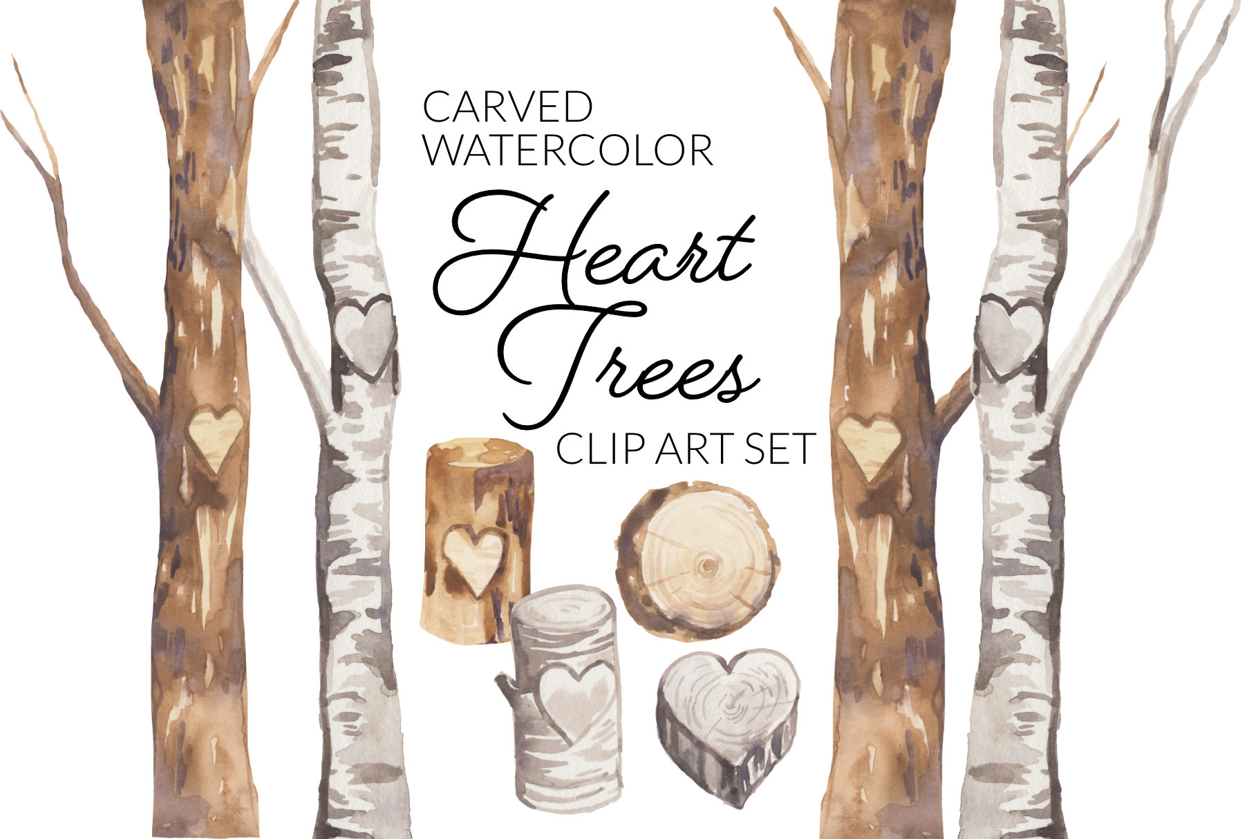 Watercolor illustration of birch and pine trees with carved heart motifs, plus log slices and wooden hearts-carved watercolor clip art set.