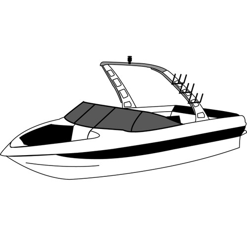 Sleek white and black wakeboard boat with tower, bimini top, and wakeboard racks.