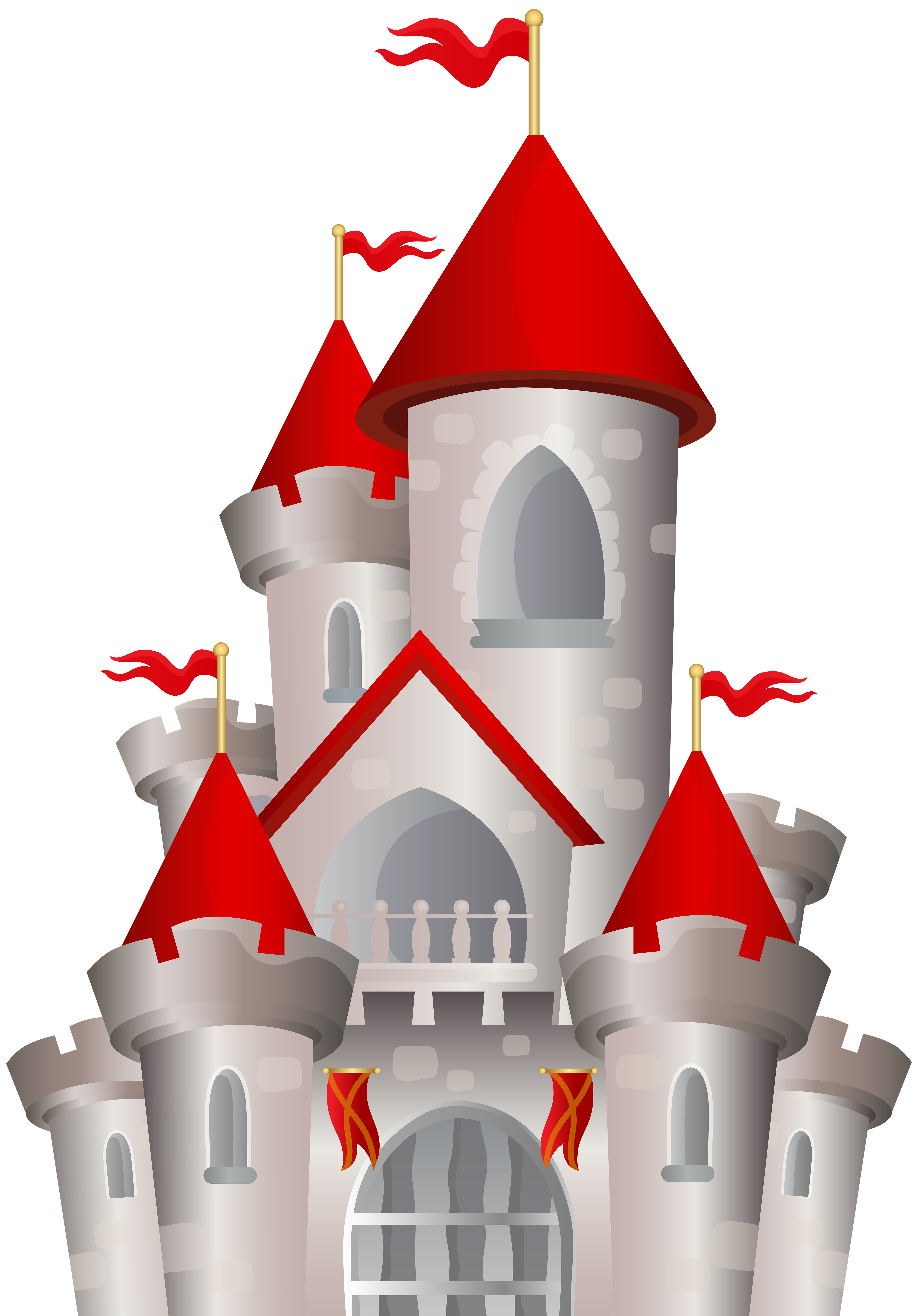 A stylized silver castle with red banners, turrets, arched windows, and a central balcony featuring silhouetted figures.