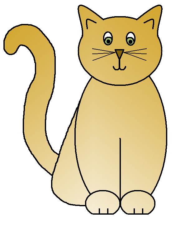 Simple cartoon illustration of a sitting ginger cat with green eyes and a curved tail.