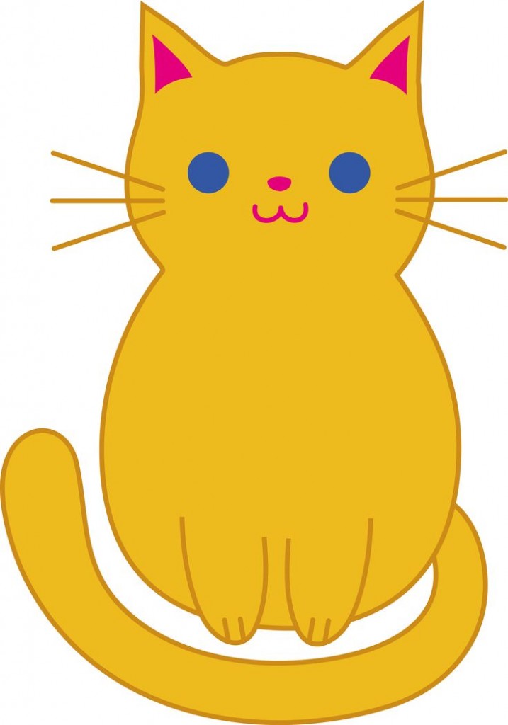 A cheerful yellow cartoon cat with blue eyes, pink inner ears, and a smiling face, sitting upright with a curled tail.