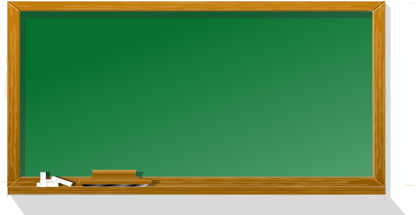 Empty green chalkboard with wooden frame, chalk and eraser on tray.