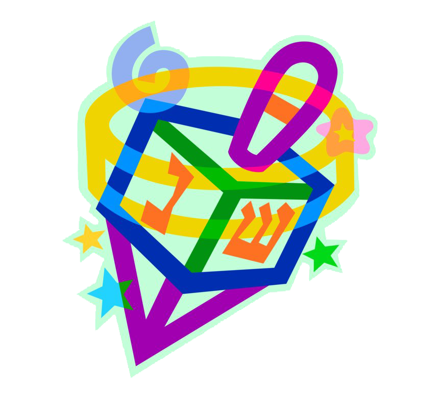 Colorful abstract illustration of a spinning dreidel with Hebrew letters, stars, and dynamic ribbons.