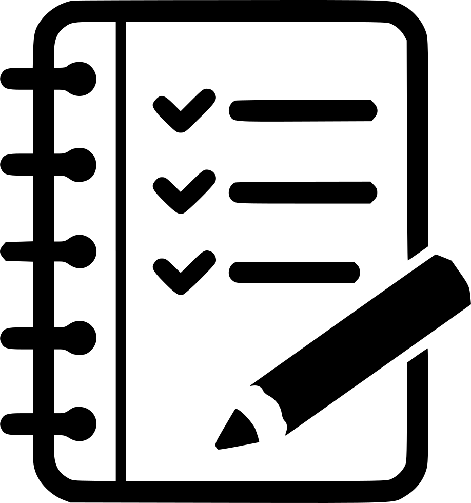 Red clipboard with checklist (three checked boxes, one empty) and a red pencil resting diagonally on lined paper.