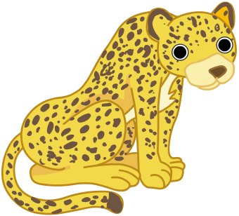 Cartoon illustration of a sitting spotted cheetah with large eyes and friendly expression.