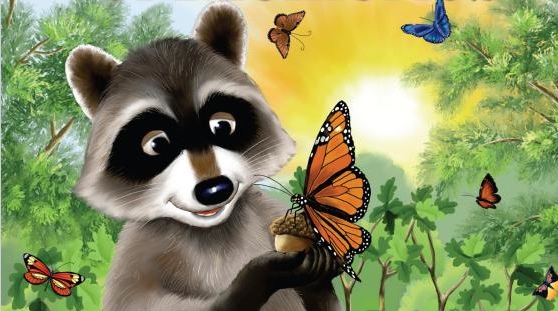 A friendly raccoon holds an acorn with a monarch butterfly perched on it, surrounded by colorful butterflies and green foliage under a sunny sky.
