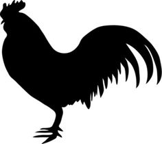 Black silhouette of a rooster standing in profile with prominent comb and tail feathers.