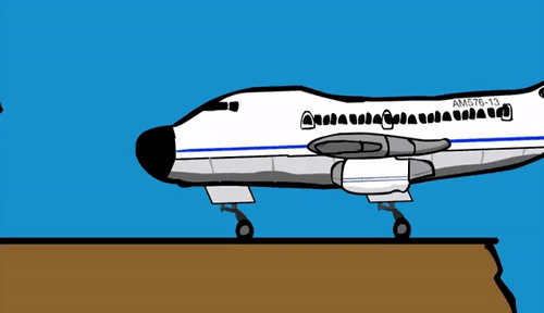 Cartoon-style white passenger jet labeled AM576-11 on a runway against blue sky.