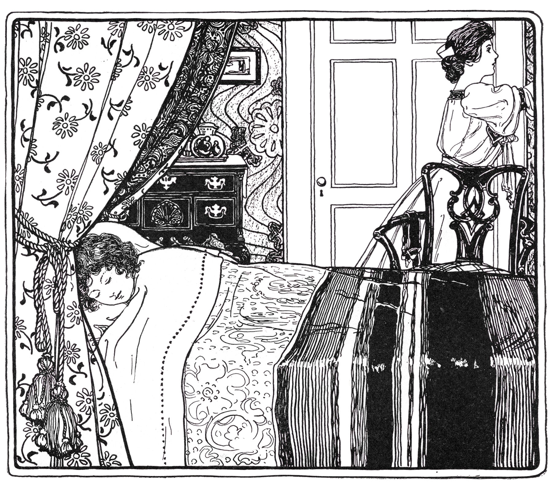 A vintage black-and-white illustration of a woman seated by a door, watching over a sleeping child in an ornate bedroom.