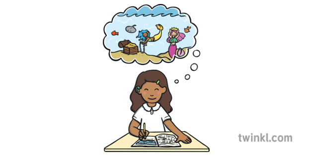 A girl writing at a desk with a thought bubble showing a pirate, mermaid, treasure chest, and sea creatures.