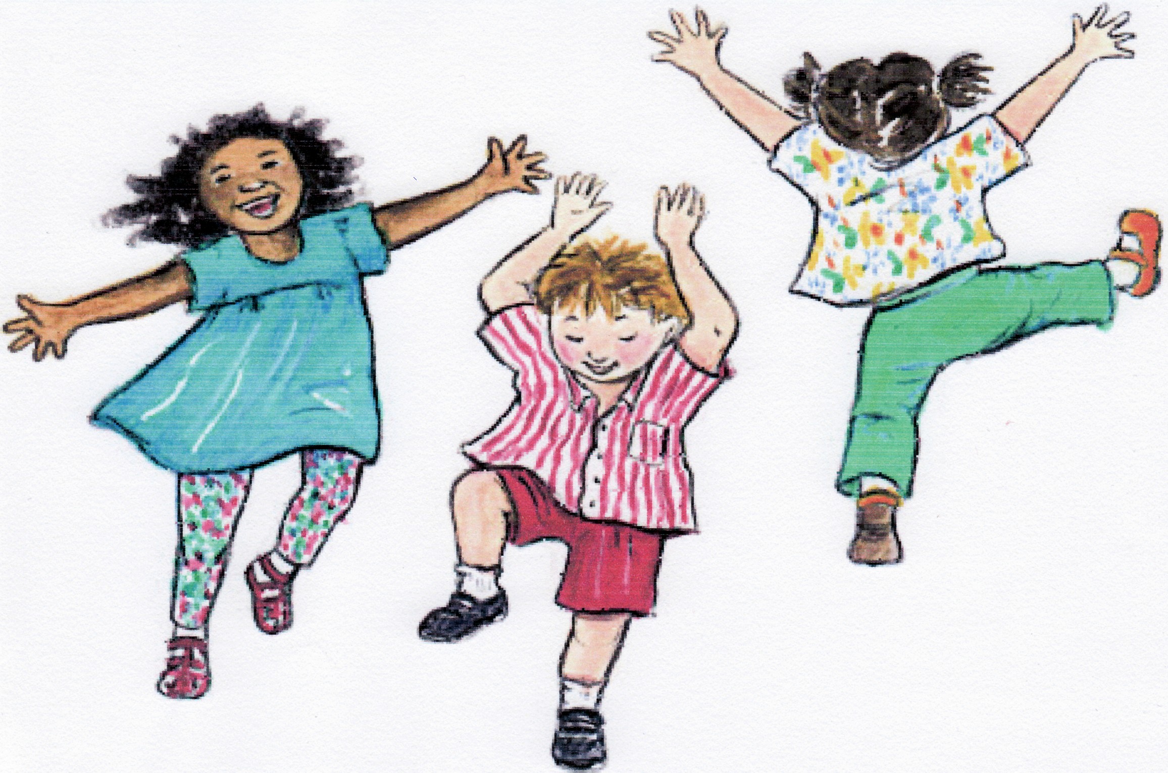 Three joyful children jumping and dancing with expressive gestures and colorful clothing.