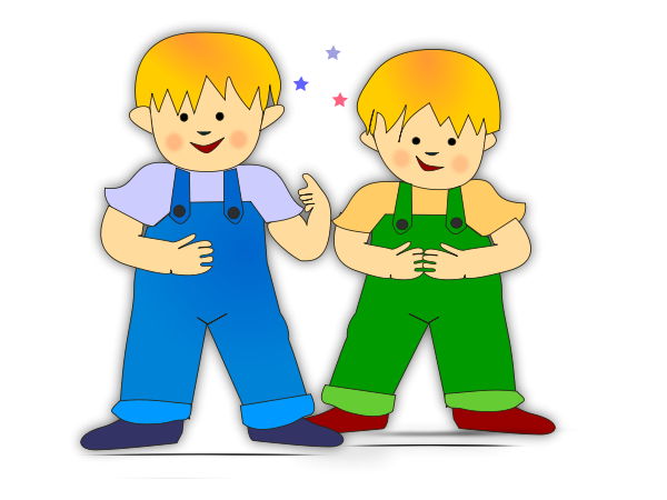 Two smiling cartoon boys in blue and green overalls, standing side by side with stars above them.