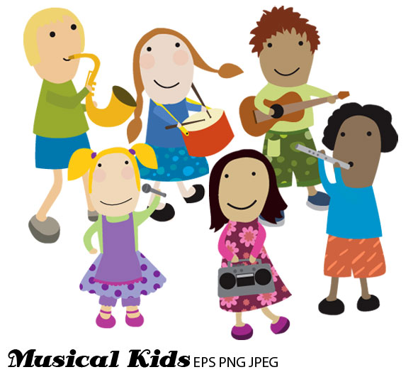 Six diverse cartoon children playing musical instruments including saxophone, drum, guitar, flute, mic, and boombox.