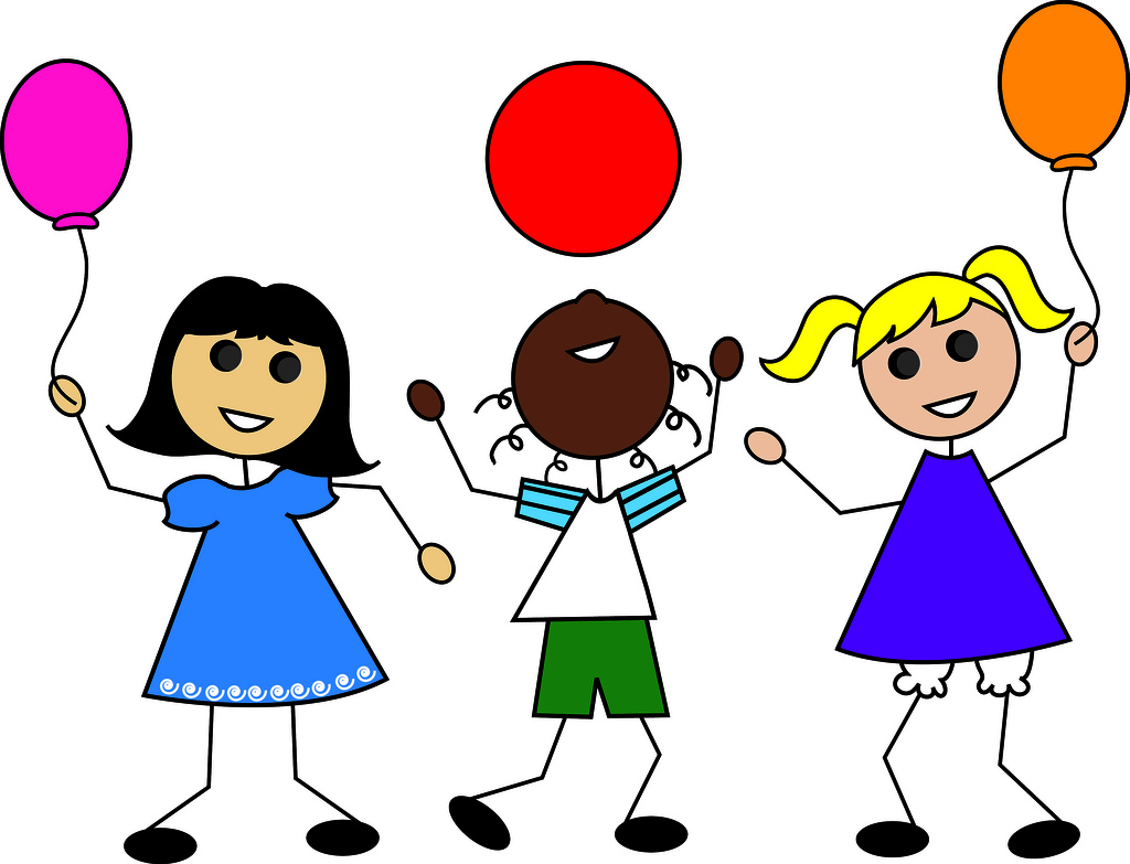 Three diverse stick-figure children holding colorful balloons-pink, red, and orange-smiling joyfully.