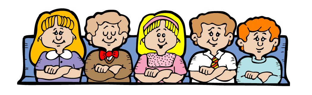 Five diverse cartoon children sitting side by side on a blue couch, smiling with arms crossed.