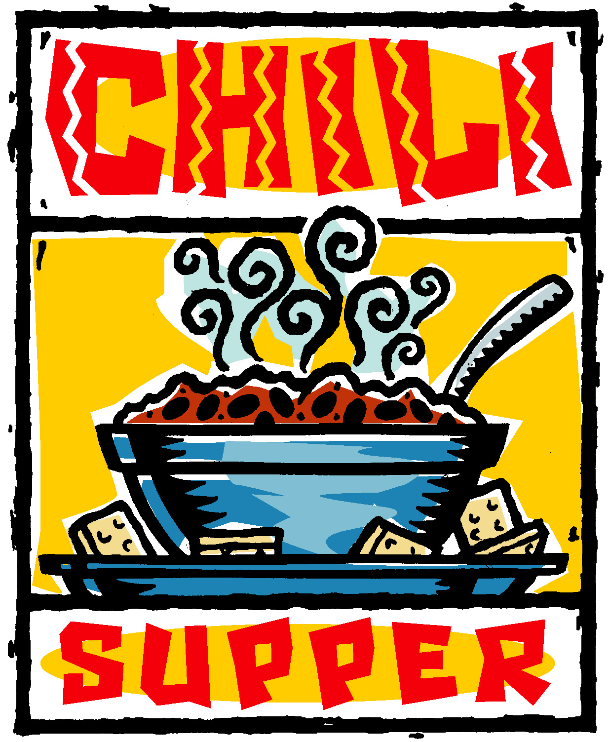 Vibrant illustrated poster for "Chili Supper" featuring a steaming bowl of chili with beans, cheese cubes, and a spoon on a blue tray.