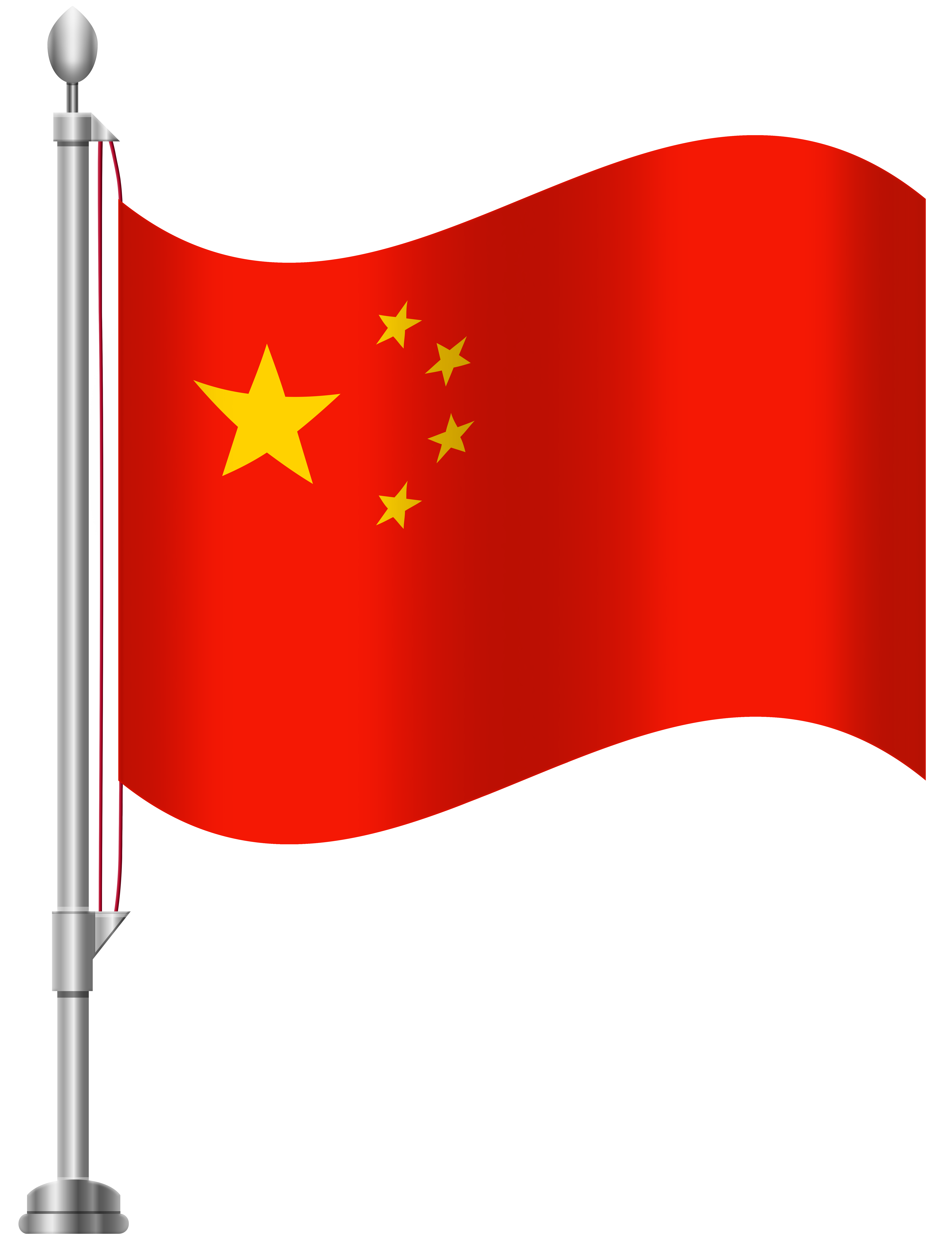 Chinese national flag waving on a flagpole with red field, one large yellow star and four smaller stars.